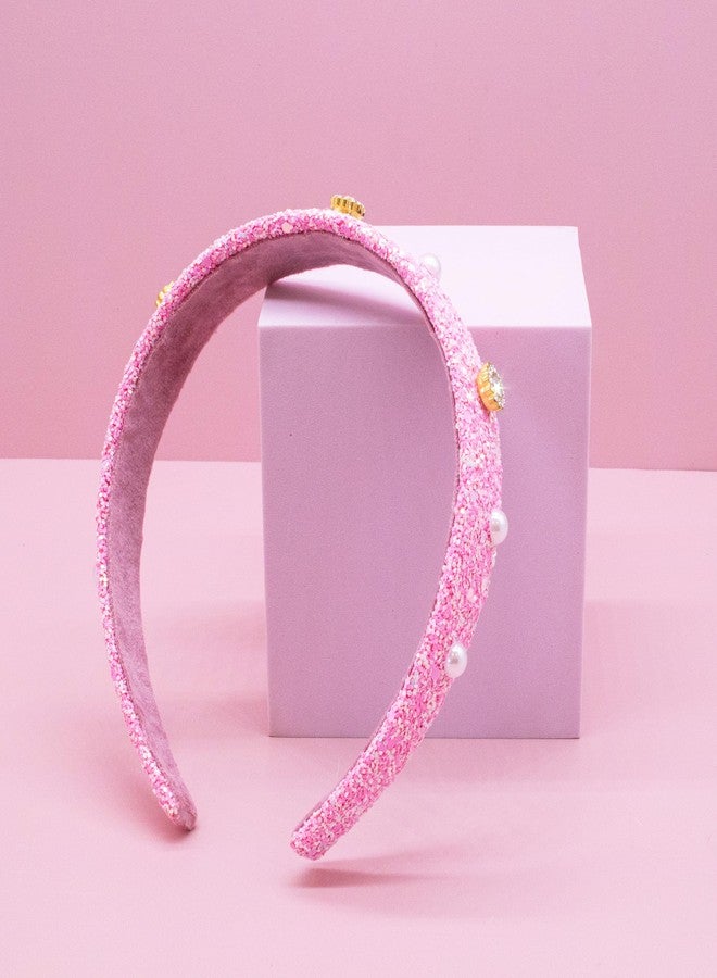 FROG SAC Glitter Headbands for Girls, Pink Hair Bands for Little Girl Hair Accessories, Sparkly Wide Pearl Stud Headband for Kids, Studded Head Band for Children, Thick Sparkle Bling Hairband - Image 3
