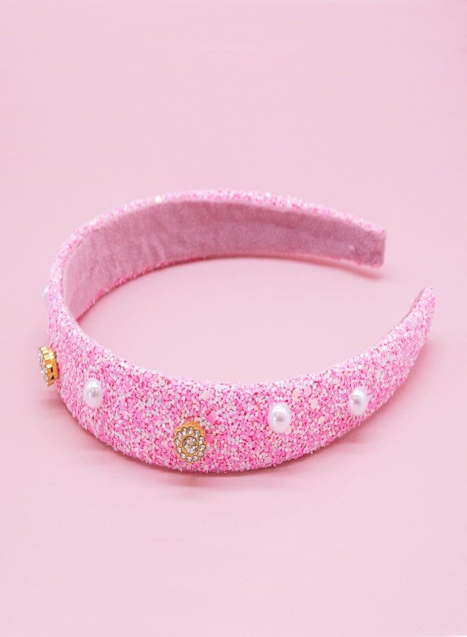 FROG SAC Glitter Headbands for Girls, Pink Hair Bands for Little Girl Hair Accessories, Sparkly Wide Pearl Stud Headband for Kids, Studded Head Band for Children, Thick Sparkle Bling Hairband - Image 5
