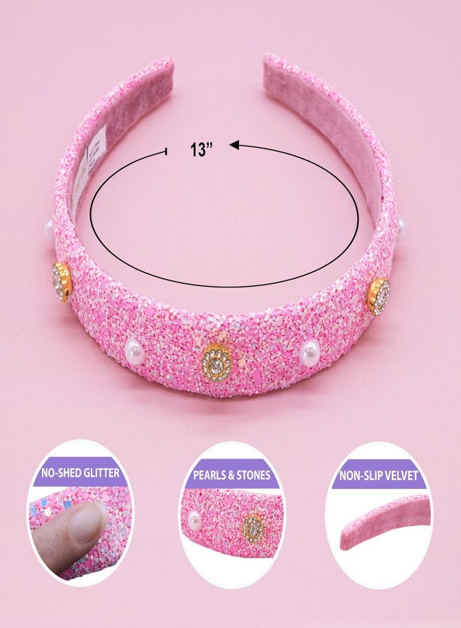 FROG SAC Glitter Headbands for Girls, Pink Hair Bands for Little Girl Hair Accessories, Sparkly Wide Pearl Stud Headband for Kids, Studded Head Band for Children, Thick Sparkle Bling Hairband - Image 4