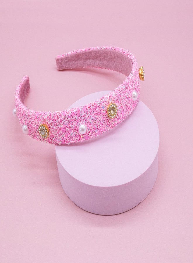 FROG SAC Glitter Headbands for Girls, Pink Hair Bands for Little Girl Hair Accessories, Sparkly Wide Pearl Stud Headband for Kids, Studded Head Band for Children, Thick Sparkle Bling Hairband - Image 2