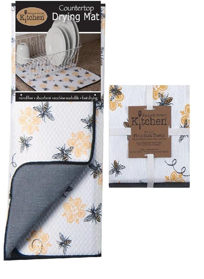 Kay Dee Kay Dee 3-Piece Kitchen Towel Set and Dish Drying Mat (Queen Bee Print),White 