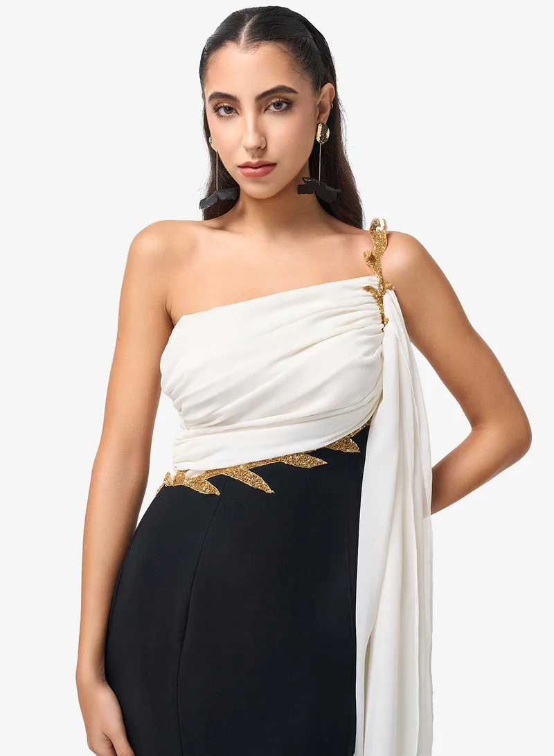 Threadz by Ajooni  Contrast One Shoulder Maxi Dress for Women | Best Price UAE