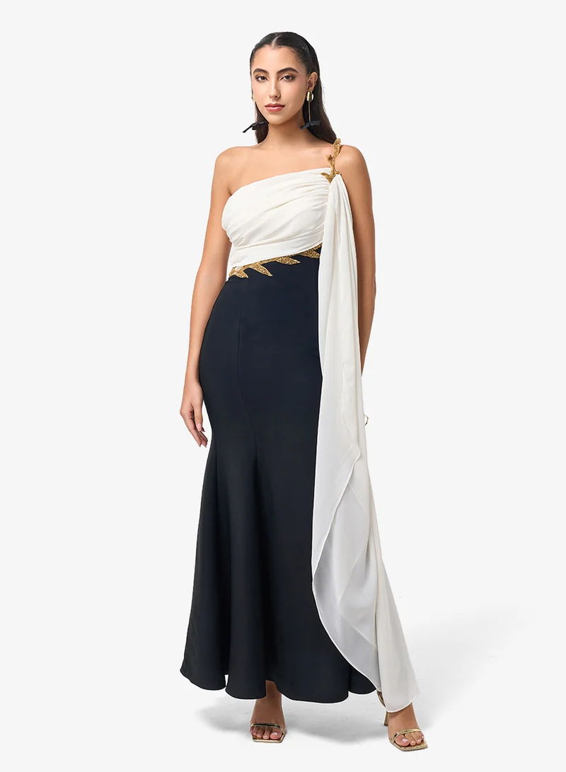Threadz by Ajooni  Contrast One Shoulder Maxi Dress for Women | Best Price UAE