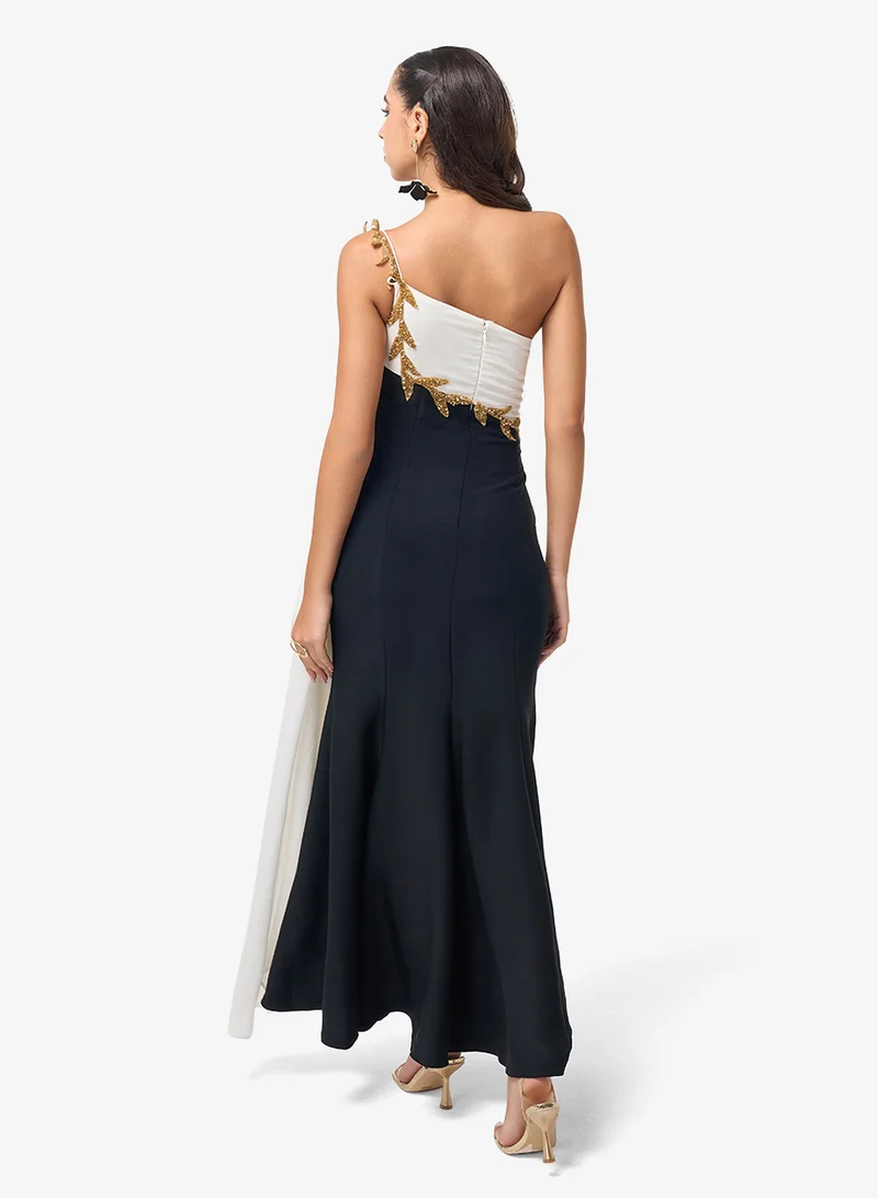 Threadz by Ajooni  Contrast One Shoulder Maxi Dress for Women | Best Price UAE
