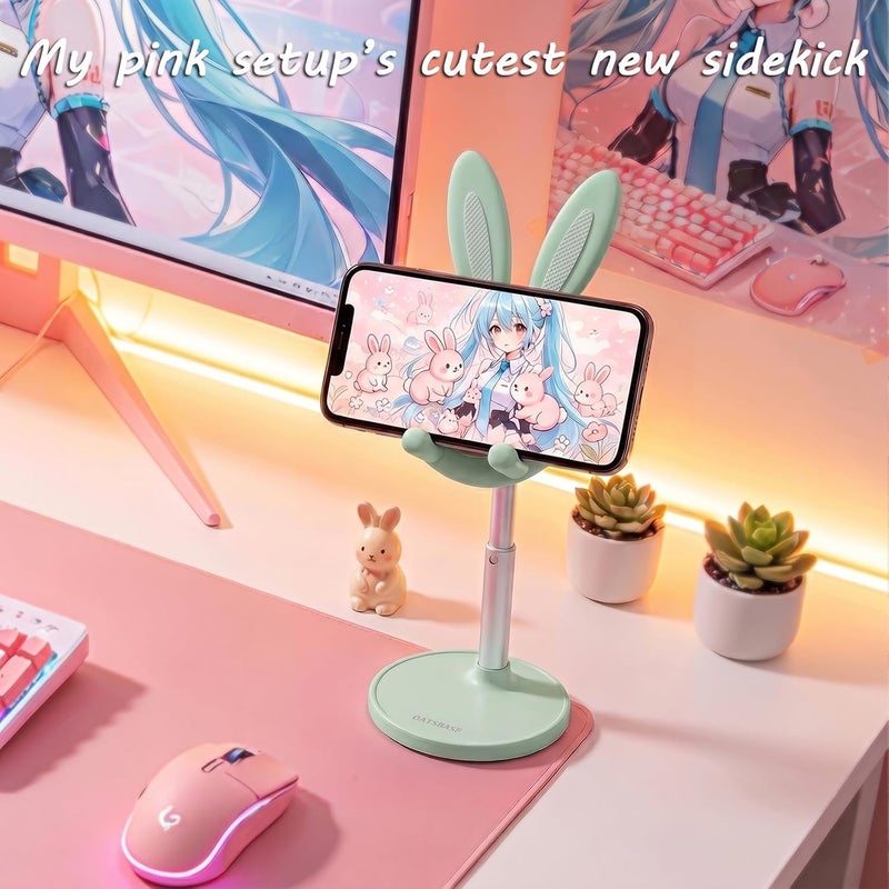 Oatsbasf Cute Cell Phone Stand, Adjustable Bunny Phone Stand for Desk, Thick Case Friendly Holder Compatible with iPhone, Kindle, iPad, Switch, All Phones (Green) - Image 2