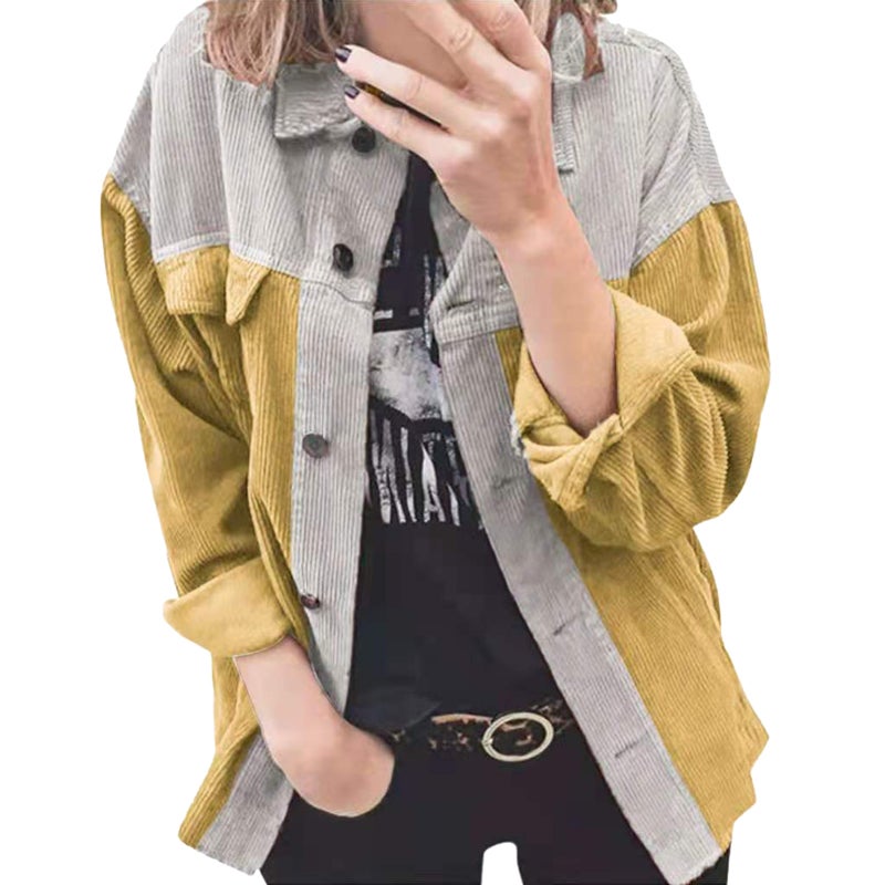 Loose Jacket: 100% Polyester Corduroy Contrast Color Splicing - Drop Shoulder Long Sleeve Buttoned Cuff Shirt Coat for Fall Winter Spring Medium Yellow & Grey - Image 1