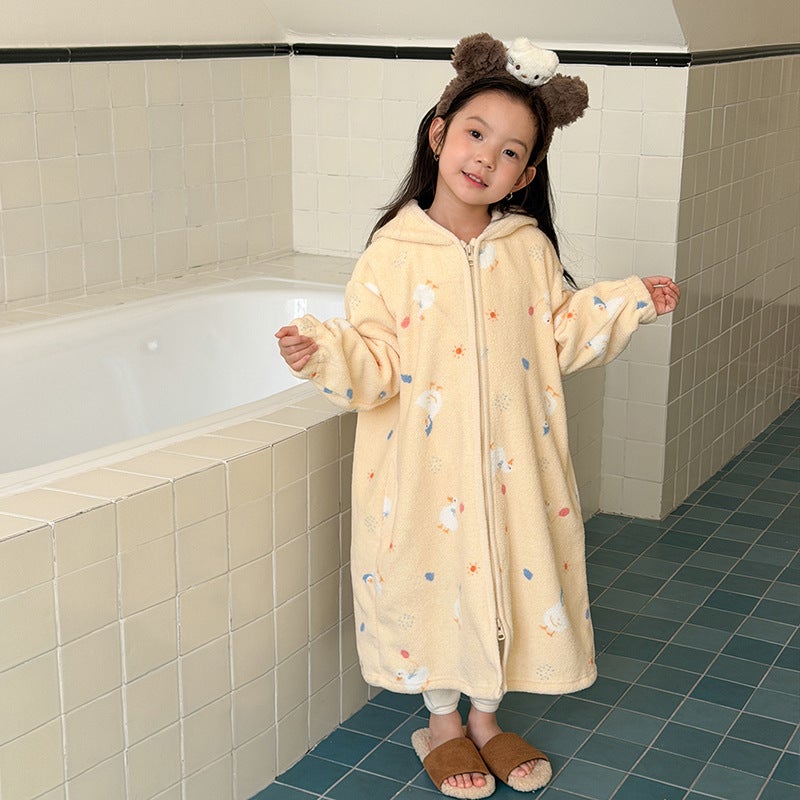 Aimobeibei Children''s Cartoon Cute Warm Polka Dot Pajamas Double-Sided Snowflake Coral Fleece Hooded Robe Loungewear - Image 1