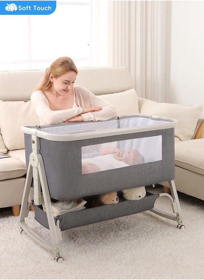 Soft Touch 4 In 1 Baby Bedside Crib Foldable Newborn Bedside Sleeper Infant Bassinet Bed With Large Storage Basket Infant Travel Crib with Swivel Wheels and Mosquito Net  - Image 1