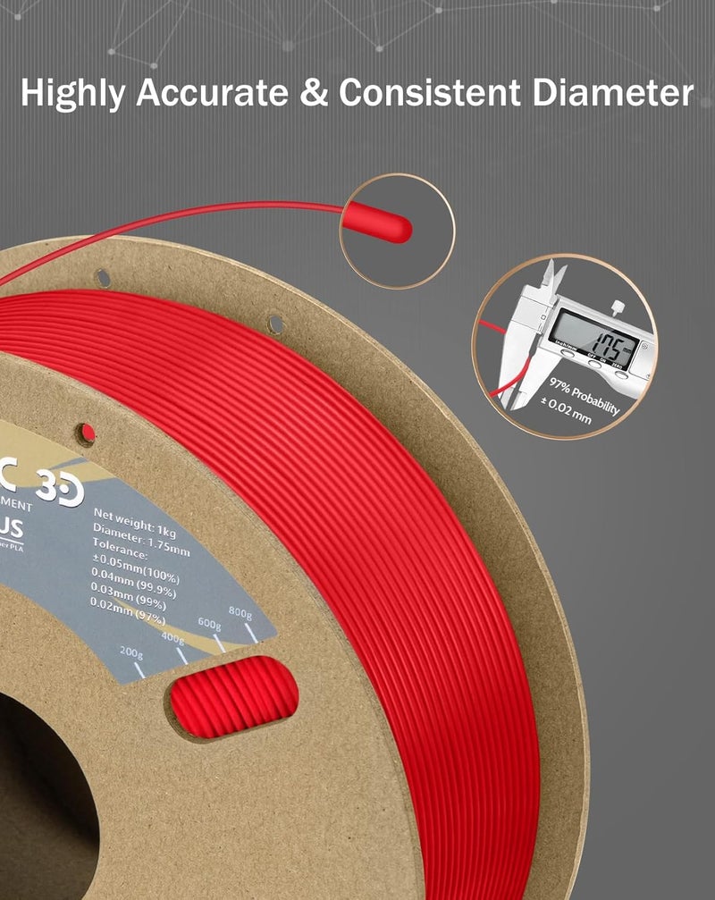 DURAMIC 3D PLA+ Filament 1.75mm 2Kg Red, PLA Plus Filament 2 Pack 1kg Spool(2.2lbs) Tougher and Stronger, Dimensional Accuracy Probability +/- 0.02mm - Image 3