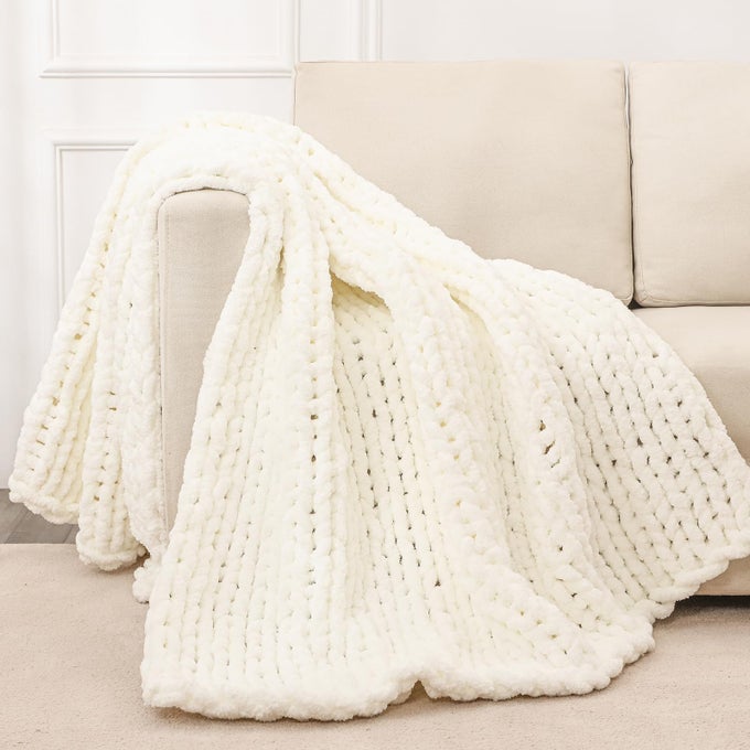 CHUNKY KNIT THROW BLANKET FOR COUCH 51X63 INCHES 100 HAND KNITTED WITH THICK JUMBO CHENILLE YARN COZY SOFT LARGE ROPE KNOT CABLE CROCHET BLANKETS FOR SOFA BED LIVING ROOM IVORY