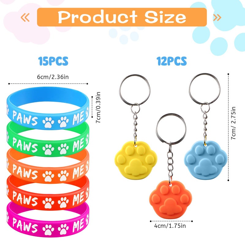 Skylety 58 Pcs Dog Paw Print Party Favors Set, Paw Print Stamps Rubber Silicone Bracelets Sticker Keychain, Puppy Birthday Party Favors Patrol Supplies, Gift Bag Stuffer (Multi Colors) - Image 2