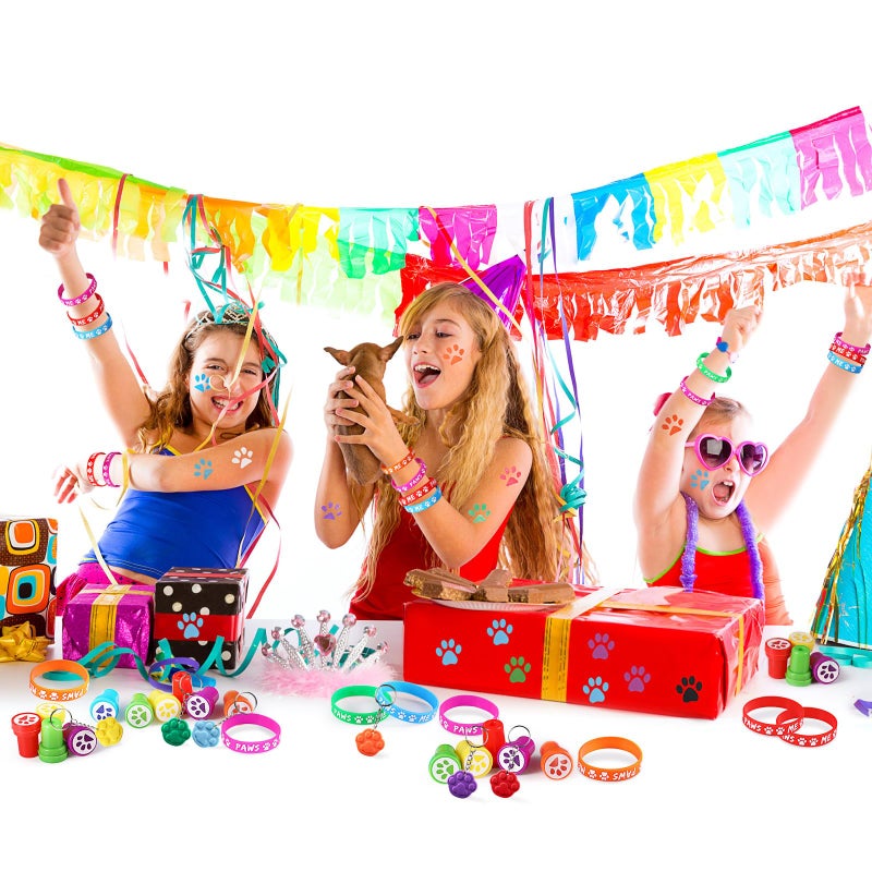 Skylety 58 Pcs Dog Paw Print Party Favors Set, Paw Print Stamps Rubber Silicone Bracelets Sticker Keychain, Puppy Birthday Party Favors Patrol Supplies, Gift Bag Stuffer (Multi Colors) - Image 5