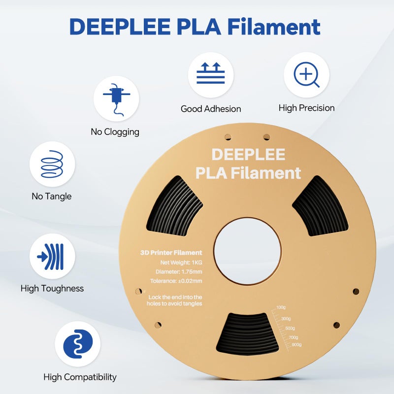 DEEPLEE PLA 1.75mm 3D Printer Filament, Dimensional Accuracy +/- 0.02mm, Neatly Wound, No Clogging, Vacuum Package, Fits for Most FDM 3D Printers, Cardboard Spool 2kg Black - Image 2