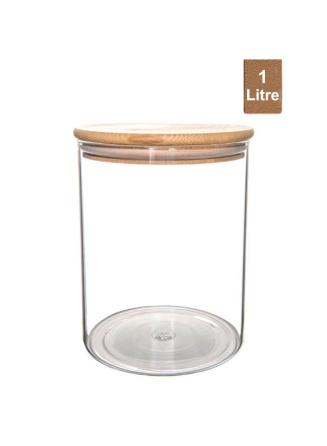 Honey Bee 1 Liter Round Glass Jar with Bamboo Lid – Airtight, Reusable, Eco-Friendly Storage Container - Image 1
