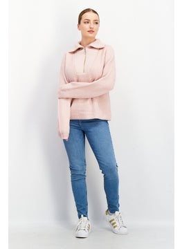 Women High Neck Knitted Half Zip Long Sleeve Sweater, Light Pink