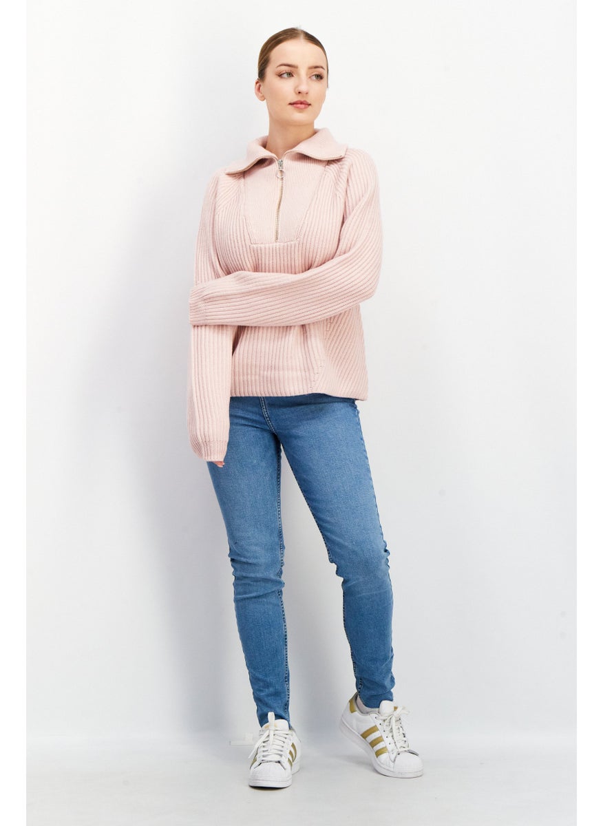 joie - Women High Neck Knitted Half Zip Long Sleeve Sweater, Light Pink - Image 1