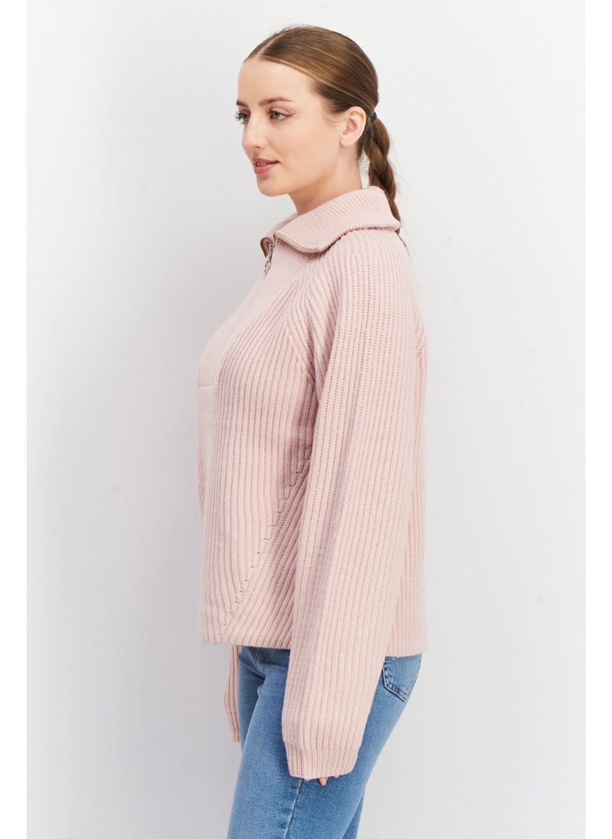 joie - Women High Neck Knitted Half Zip Long Sleeve Sweater, Light Pink - Image 1