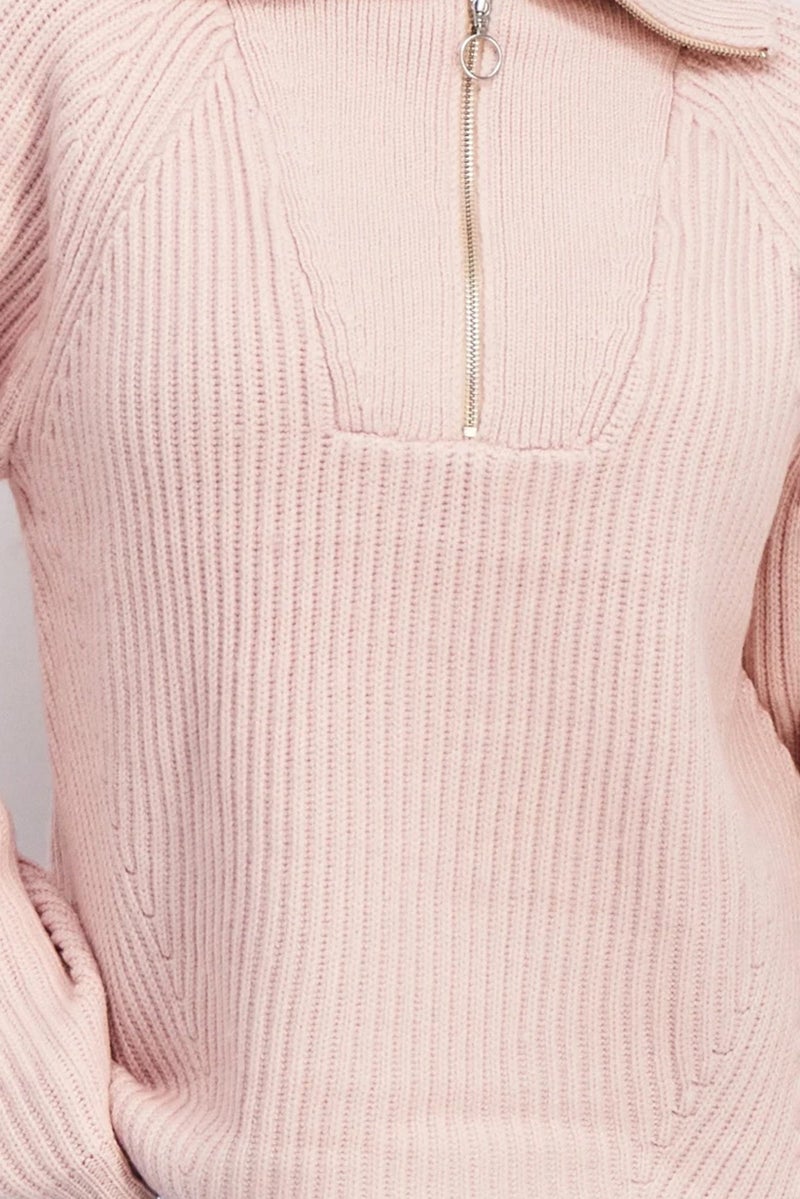 joie Women High Neck Knitted Half Zip Long Sleeve Sweater, Light Pink - Image 5