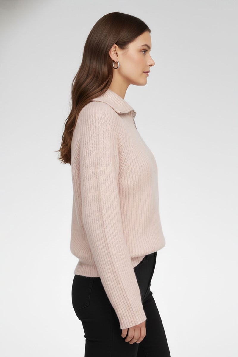 joie Women High Neck Knitted Half Zip Long Sleeve Sweater, Light Pink - Image 3