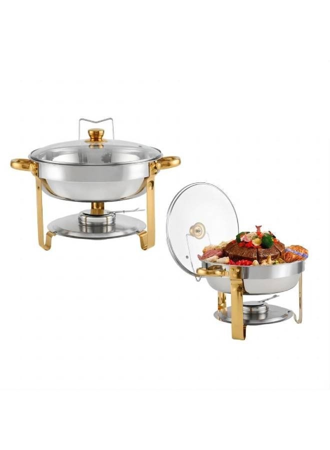 AceLuste Buffet Serveware, Stainless Steel Chafing Dish Buffet Set, Food Warmers Hot Pot Buffet Stove Set with Lid and Built-In Lid Holder,  Buffet Serveware with Stand and Burner Round Stainless Steel Food Warming Tray For Parties Dinners and Catering, 5L Sliver/Golden - Image 1