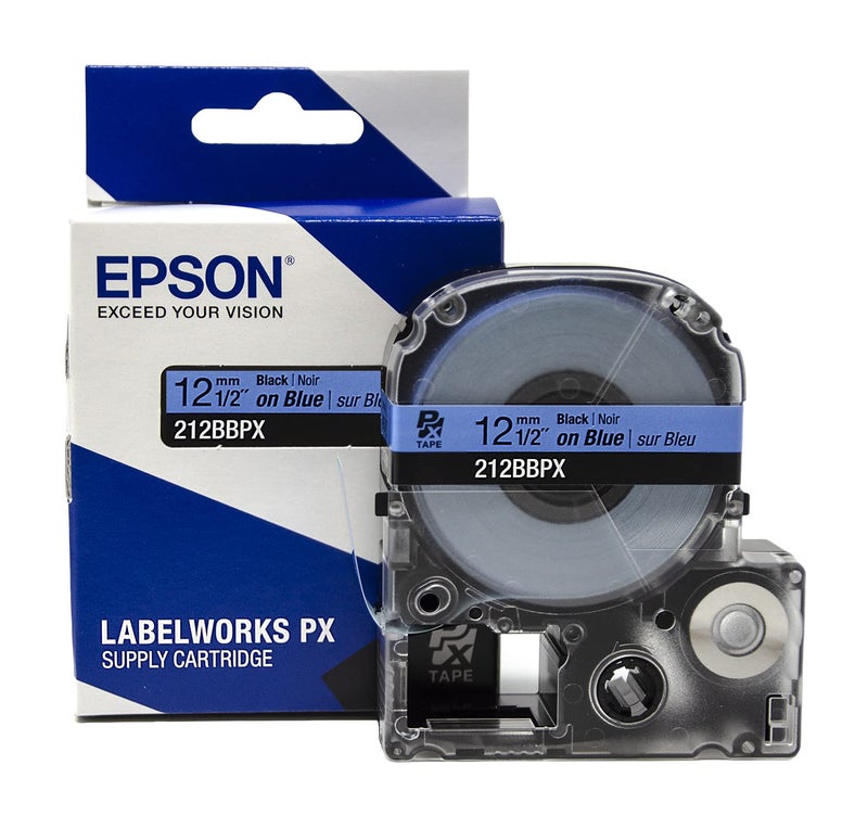 LABELWORKS Epson 212BBPX Genuine PET (Polyester) Tape Cartridge - Black on Blue Label Maker Tape - 1/2" (12MM) Wide, 30' - Image 1