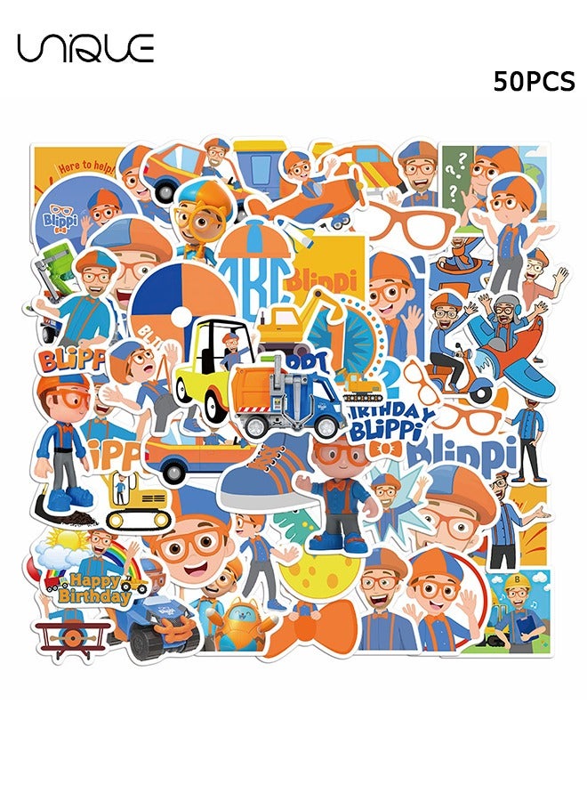 Unique 50 Pcs Cartoon Blippi English Stickers - Vinyl Waterproof Stickers for Water Bottles Laptop Phone Computer Guitar, Gifts for Teens, Girls, Fans - Image 1