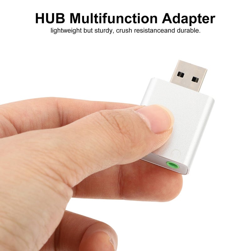 بطاقة صوت USB خارجية محول ستيريو مع ميكروفون ومقبس سماعة رأس للحاسوب المحمول والألعاب والبث المباشر، مصنوعة من سبائك الألومنيوم الفضي - Image 3