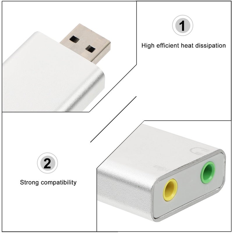 بطاقة صوت USB خارجية محول ستيريو مع ميكروفون ومقبس سماعة رأس للحاسوب المحمول والألعاب والبث المباشر، مصنوعة من سبائك الألومنيوم الفضي - Image 5