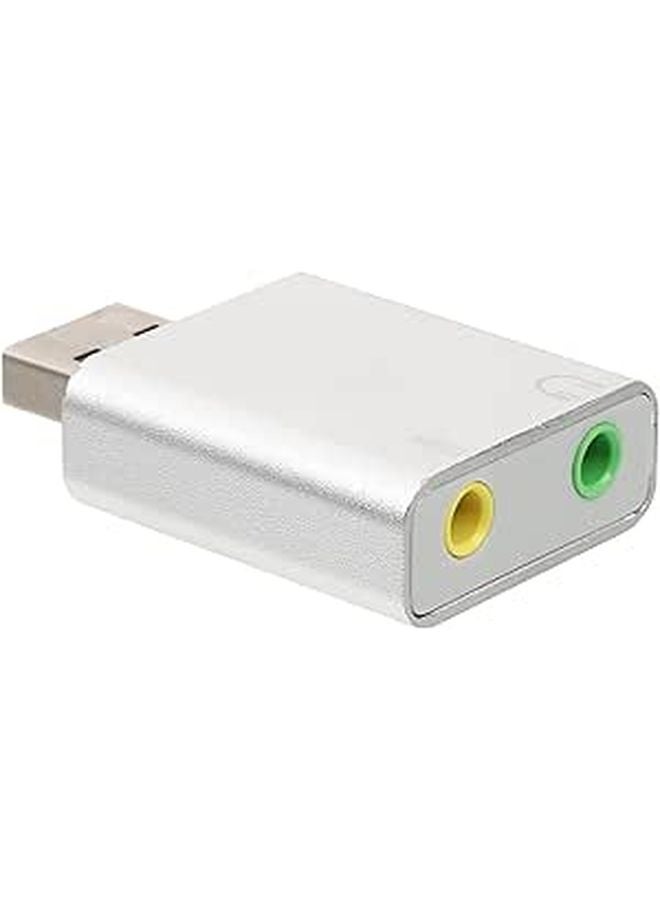 بطاقة صوت USB خارجية محول ستيريو مع ميكروفون ومقبس سماعة رأس للحاسوب المحمول والألعاب والبث المباشر، مصنوعة من سبائك الألومنيوم الفضي - Image 1