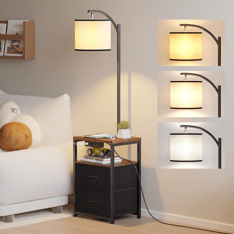 SUNMORY Floor Lamp with Table & 2 Drawers, Lamp with USB Port and Outlet, Nightstand with 3 Color Temperature Led Bulb Included, Floor Lamps for Living Room, Bedroom and Home Office, Rustic Brown - Image 1