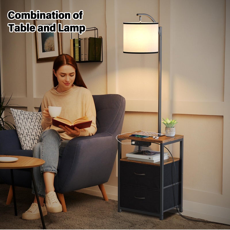 SUNMORY Floor Lamp with Table & 2 Drawers, Lamp with USB Port and Outlet, Nightstand with 3 Color Temperature Led Bulb Included, Floor Lamps for Living Room, Bedroom and Home Office, Rustic Brown - Image 4