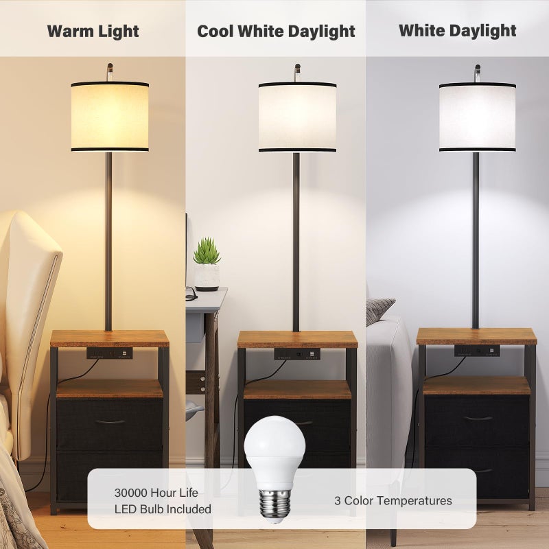 SUNMORY Floor Lamp with Table & 2 Drawers, Lamp with USB Port and Outlet, Nightstand with 3 Color Temperature Led Bulb Included, Floor Lamps for Living Room, Bedroom and Home Office, Rustic Brown - Image 5