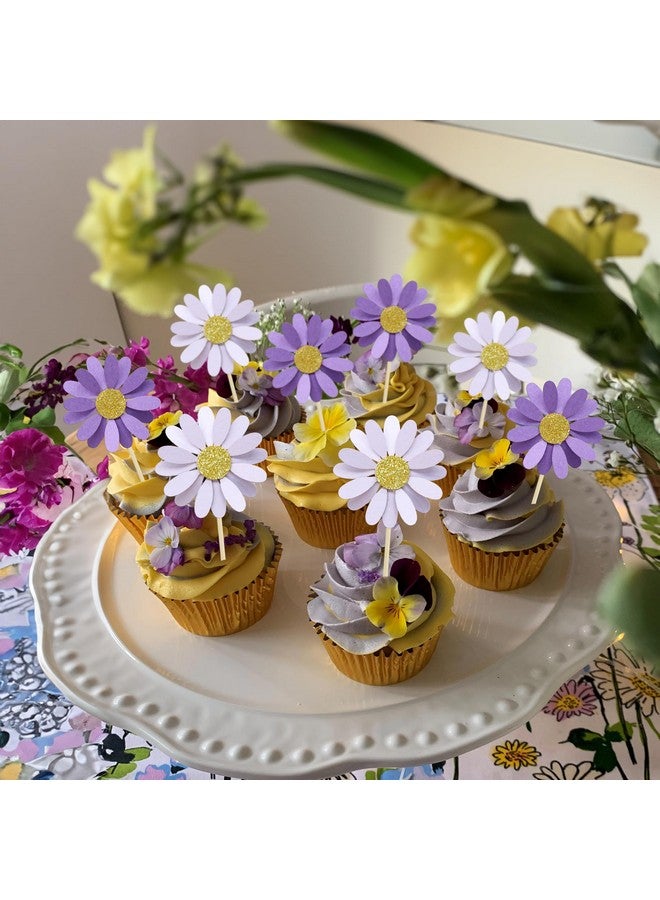 Ephlyn 24Pcs Purple Daisy Cupcake Toppers Flower Cake Toppers Daisy Cake Decorations Chrysanthemum Cupcake Toppers Spring Daisy Flower Cake Picks for Birthday Wedding Supplies - Image 4