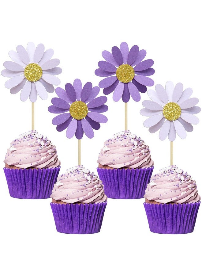 Ephlyn 24Pcs Purple Daisy Cupcake Toppers Flower Cake Toppers Daisy Cake Decorations Chrysanthemum Cupcake Toppers Spring Daisy Flower Cake Picks for Birthday Wedding Supplies - Image 1