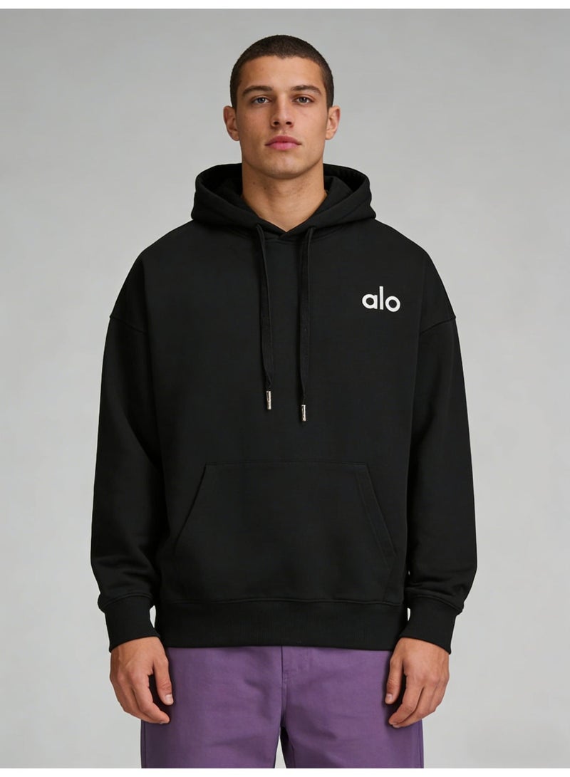 Alo World Black Loose Hoodie - Soft fabric, minimalist logo, adjustable drawstring, kangaroo pocket, casual and daily style sweatshirt, unisex series long sleeved top. - Image 4