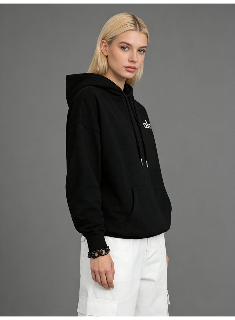 Alo World Black Loose Hoodie - Soft fabric, minimalist logo, adjustable drawstring, kangaroo pocket, casual and daily style sweatshirt, unisex series long sleeved top. - Image 3