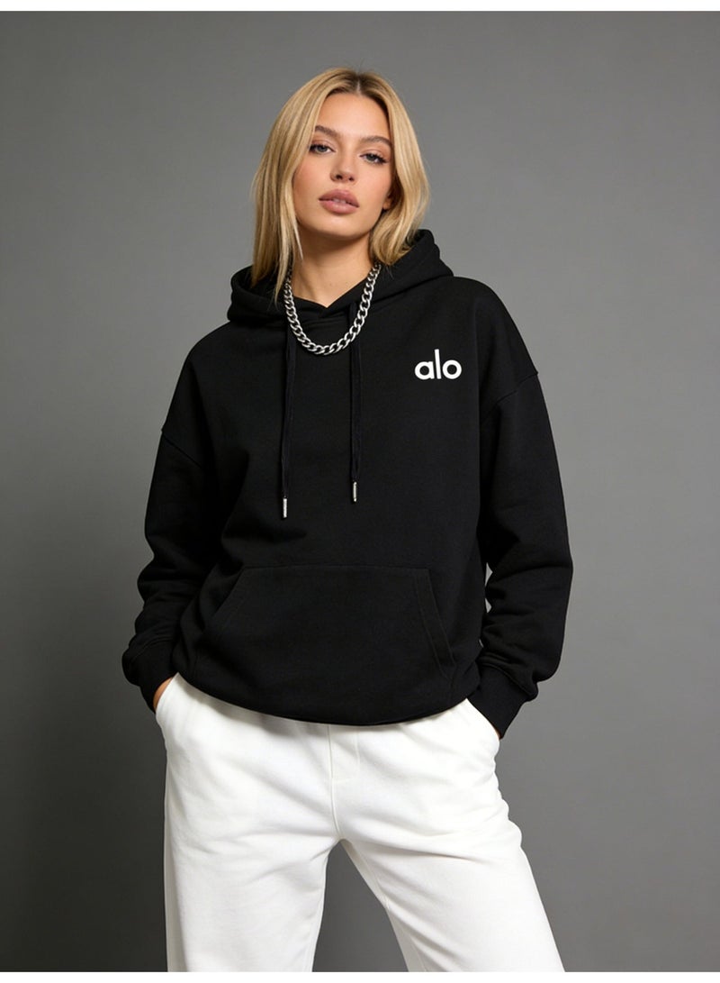 Alo World Black Loose Hoodie - Soft fabric, minimalist logo, adjustable drawstring, kangaroo pocket, casual and daily style sweatshirt, unisex series long sleeved top. - Image 2