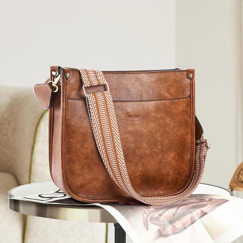 HKCLUF Crossbody Bags for Women Trendy Vegan Leather Hobo Handbags With 2PCS Adjustable Guitar Strap Shoulder Bucket Purse For Women(Brown) - Image 3