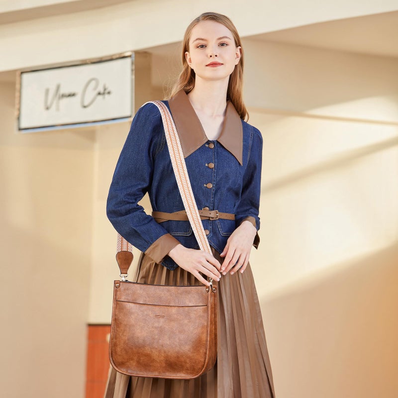 HKCLUF Crossbody Bags for Women Trendy Vegan Leather Hobo Handbags With 2PCS Adjustable Guitar Strap Shoulder Bucket Purse For Women(Brown) - Image 2