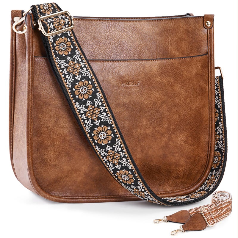 HKCLUF Crossbody Bags for Women Trendy Vegan Leather Hobo Handbags With 2PCS Adjustable Guitar Strap Shoulder Bucket Purse For Women(Brown) - Image 1