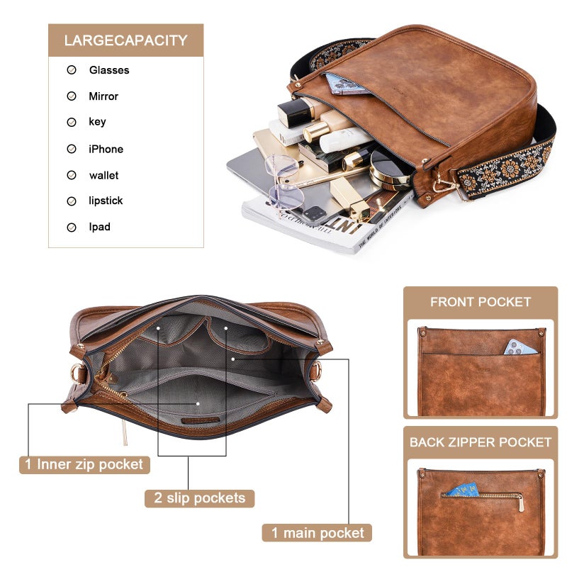 HKCLUF Crossbody Bags for Women Trendy Vegan Leather Hobo Handbags With 2PCS Adjustable Guitar Strap Shoulder Bucket Purse For Women(Brown) - Image 5