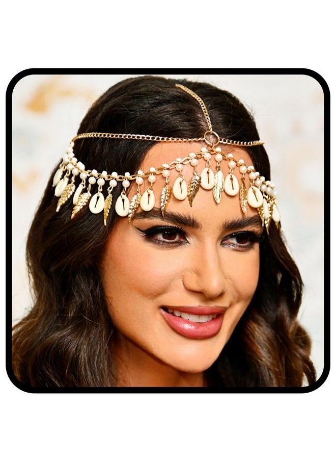 Kisshine - Boho Shell Head Chain Gold Leaf Tassel Headband Bridal Headpiece Festival Hair Accessories For Women And Girls - Image 1