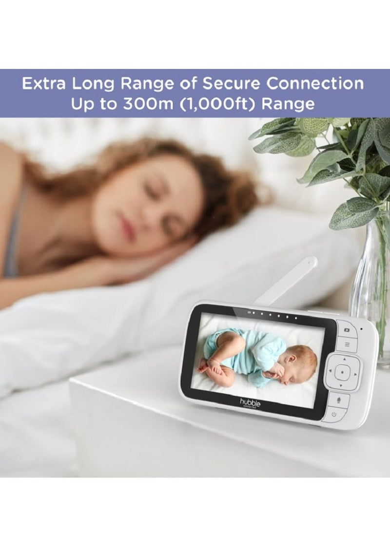 Hubble Connected Nursery View Premium - Baby Monitor For Infants / Babies - 5" Diagonal Color Screen, 2-Way Talk, Infrared Night Vision, Secure and Private Connection, Up To 300m Range-White