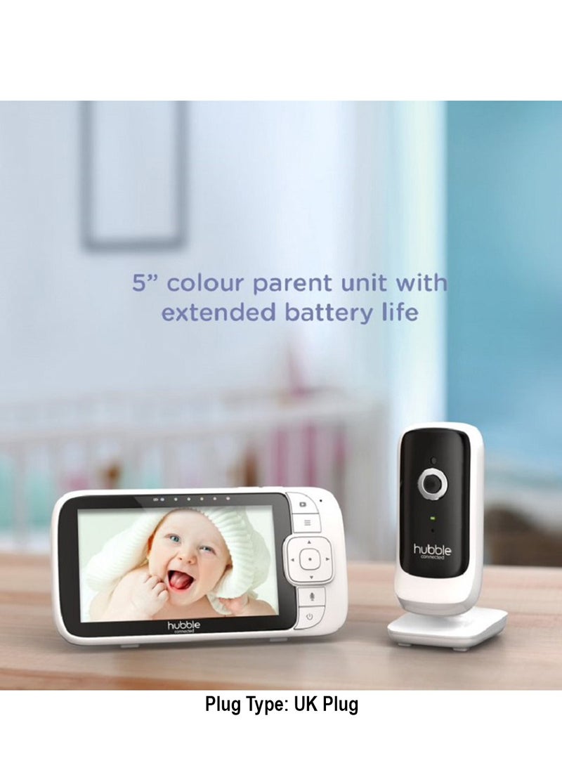 Hubble Connected Nursery View Premium - Baby Monitor For Infants / Babies - 5" Diagonal Color Screen, 2-Way Talk, Infrared Night Vision, Secure and Private Connection, Up To 300m Range-White