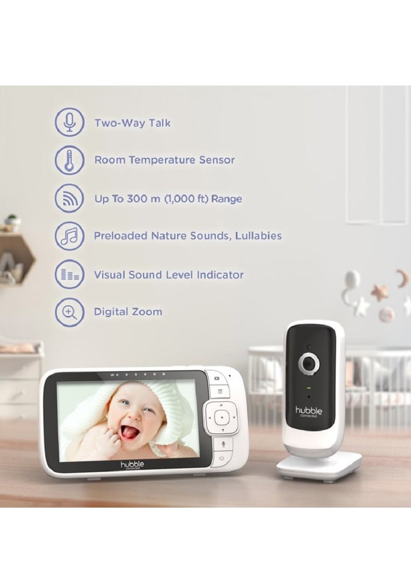 Hubble Connected Nursery View Premium - Baby Monitor For Infants / Babies - 5" Diagonal Color Screen, 2-Way Talk, Infrared Night Vision, Secure and Private Connection, Up To 300m Range-White