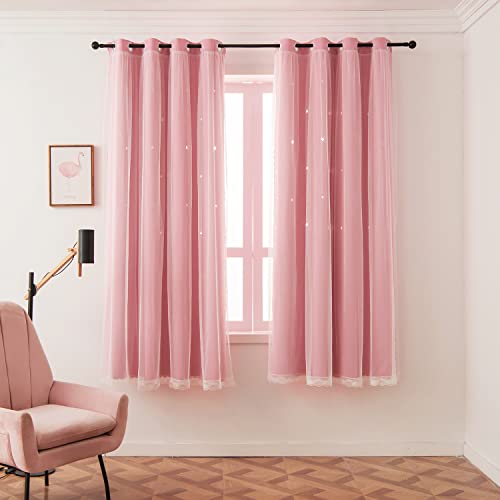 LUGOTAL Pink Curtains for Girls Bedroom Kids Baby Room Decor Cute Double Layer Star Cutout Curtain Room Darkening Window Curtains for Nursery (Pink, 52W x 63L,2 Panels) - Image 2
