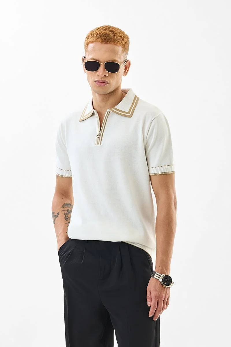 SNITCH Slim Fit Cotton White Flat Knit Polo T-Shirt