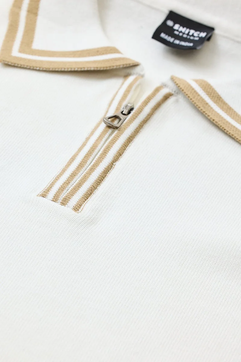 SNITCH Slim Fit Cotton White Flat Knit Polo T-Shirt