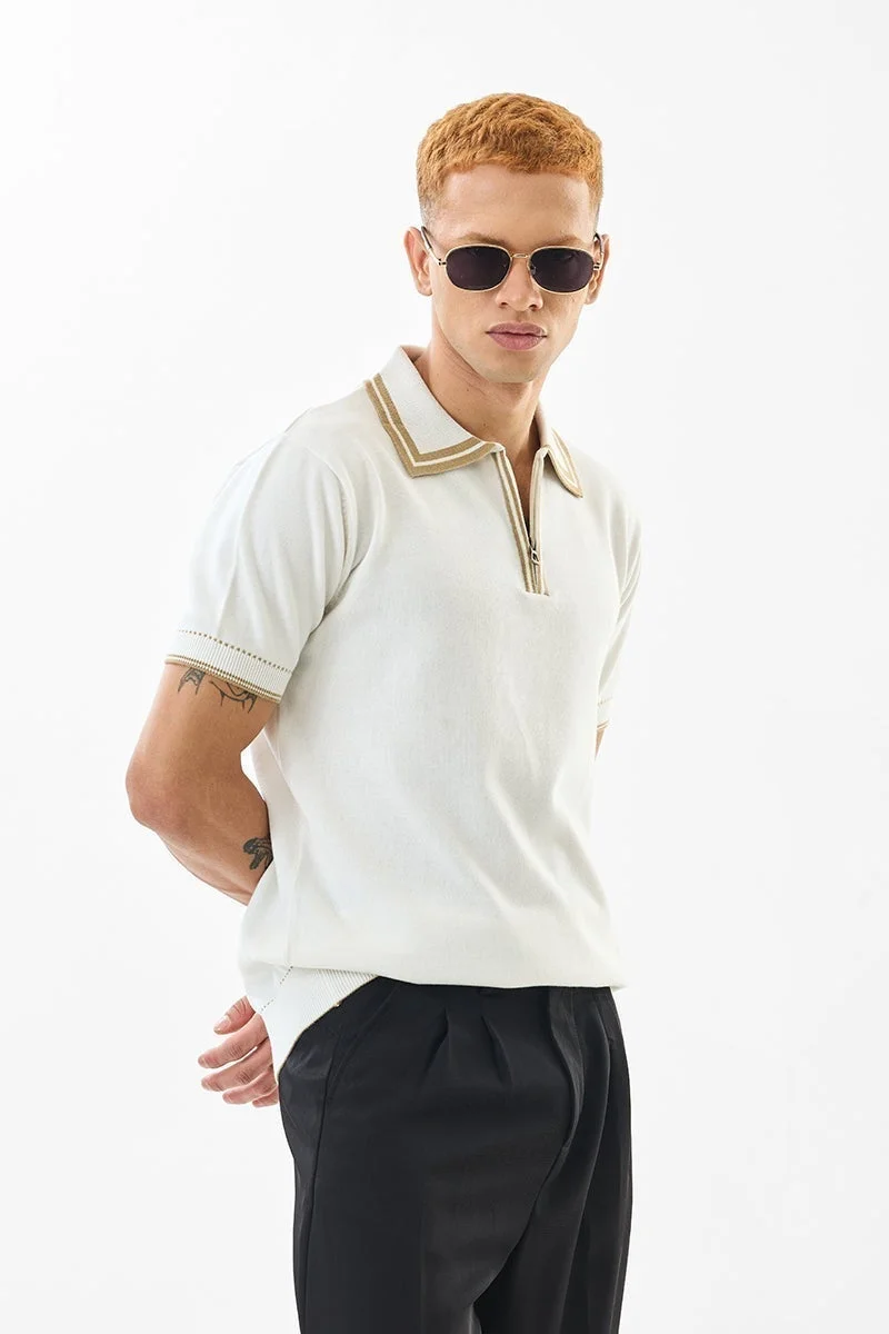 سنيتش تيشيرت بولو قطن أبيض محبوك مسطح بقصة ضيقة
