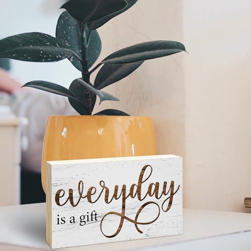 EXW Everyday is a Gift Rustic Wooden Block Sign, 5x3 Inch Positive Inspirational Wood Plaque, Farmhouse Home Decor for Desk Tabletop Shelf, Housewarming Christmas Gift for Friends Family - A14 - Image 4